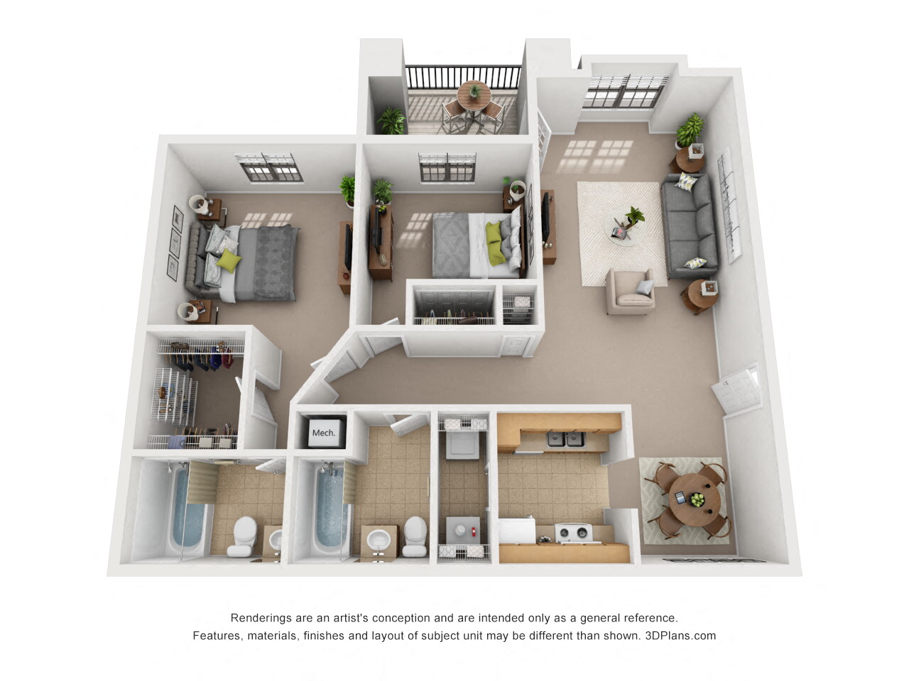Floor plan for 2 beds, 2 baths, 1024 sqft
